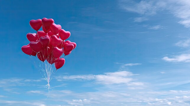 Vibrant Bunch of Red Heart Balloons Ascending Against a Blue Sky with Scattered Clouds Creating a Romantic and Festive Atmosphere During Daytime