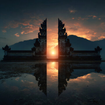 Iconic Balinese 'Gates of Heaven' temple at Pura Lempuyang Luhur in Bali, Indonesia, with vibrant sunset framed and reflected in serene water.