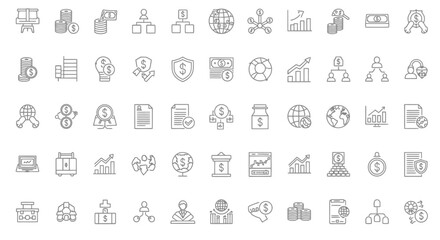 Financial and business icon set representing concepts like investment, global finance, data analysis, and successful growth strategies