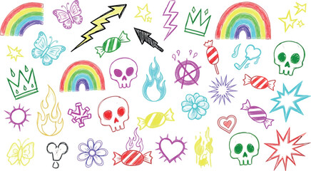 Vector art of assortment of colorful handdrawn doodles and symbols