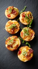 Delicious mini quiches filled with cheese and vegetables are artfully arranged on a sleek black slate serving platter for cate event.