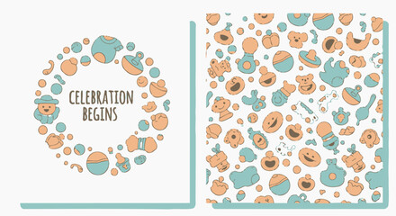 Fototapeta premium Adorable baby shower announcement design with colorful toys and pattern for celebrating new beginnings and joyful moments