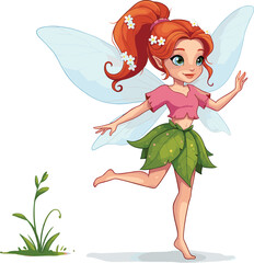 Beautiful cartoon fairy with red hair and green leaf skirt, magical fantasy sprite character, flying nature pixie illustration, whimsical woodland art