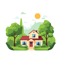 Naklejka premium Charming suburban house nestled among lush green trees and rolling hills on a sunny day.