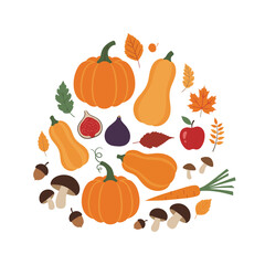A bountiful arrangement of autumn harvest vegetables and fruits including pumpkins squash apples figs mushrooms and acorns.
