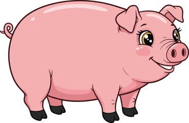 Cute cartoon pink pig illustration, smiling farm animal character, adorable vector drawing, children’s storybook design, playful domestic pig clipart, friendly mascot graphic