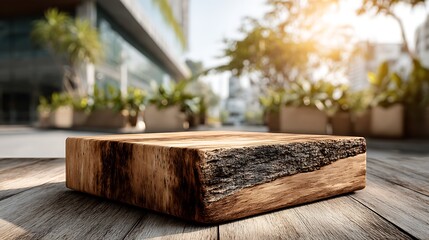 Natural wooden podium bottom center with soft sunlight and blurred wall background, wide blank space perfect for eco product showcase, organic marketing, green branding and sustainable design.