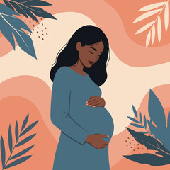 A pregnant woman holding her belly surrounded by nature.