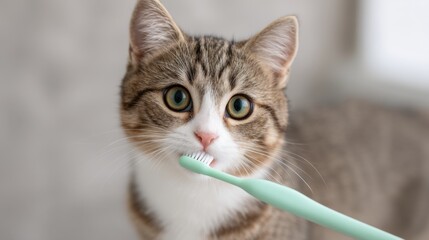 Playful Tabby Cat Interacting with Soft Green Toothbrush in a Cozy Home Setting