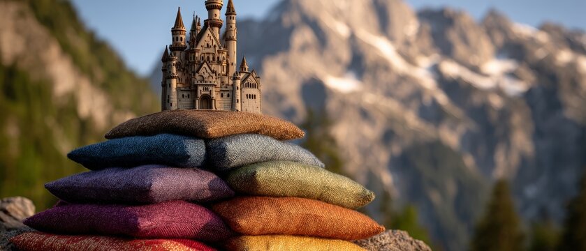 A miniature castle atop a colorful stack of cushions sits serenely amidst a majestic mountain landscape on a bright and sunny day. - Powered by Adobe