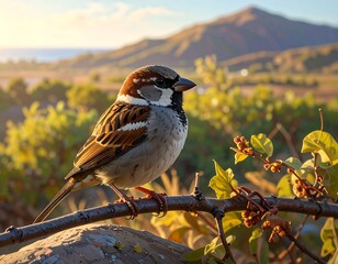 Sparrow perched on branch, bathed in golden sunlight
