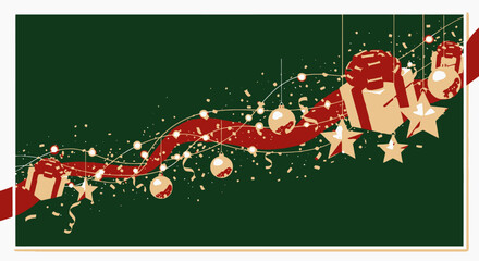 Elegant Christmas holiday design with gifts, stars, ornaments, and festive ribbon on a vibrant green background