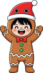 Happy child dressed in cute gingerbread cookie costume with Santa hat celebrating Christmas holiday, adorable festive illustration perfect for winter greeting card