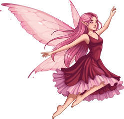 Pink fairy illustration, flying magical elf girl with wings, fantasy woodland sprite character, enchanted princess artwork, whimsical mythical creature design © Creative Art