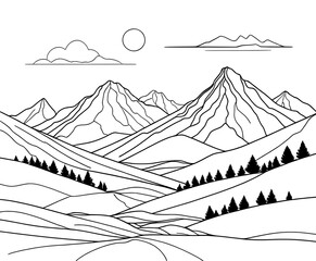 Continuous line outline of a mountain landscape, minimal and abstract style