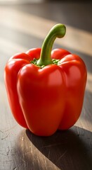 A vibrant red bell pepper sits on a dark surface under soft natural lighting conditions showing details 96