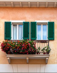 Ornate balcony with flowers and shutters