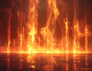 Abstract fiery columns on a reflective floor