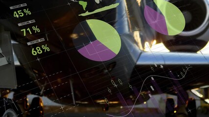 Opening landing gear wheel initiating data graphs fading and panning upward visualizing jet metrics - Powered by Adobe