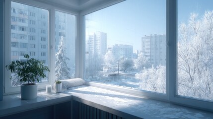 Scenic Winter View Through Snow Covered Window With Potted Plant And Sunlight in Cold Atmosphere