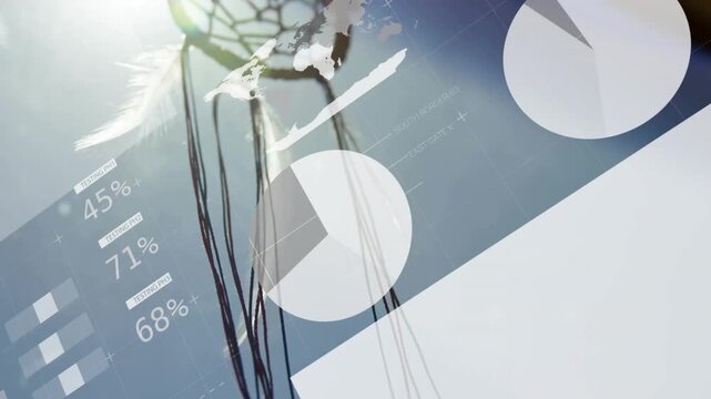 Cords drifting, digital overlays popping, hand lowering dreamcatcher, charts rotating for analytics