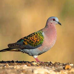 A vibrantly colored bird stands on the ground, its plumage a mix of pink, green, and gold