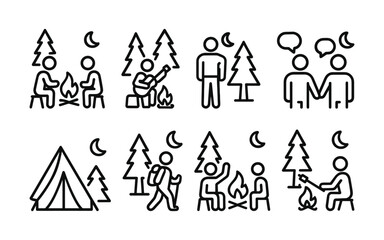 Set of black line icons illustrating camping and outdoor night activities.