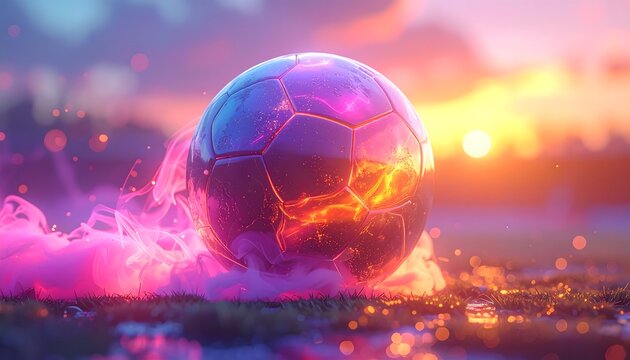 Futuristic soccer ball glowing with vibrant energy against a stunning sunset backdrop, perfect for sports, design, and digital marketing