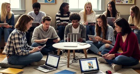 Diverse students collaborating with laptops and tablets in a modern classroom setting, showcasing - Powered by Adobe