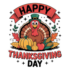Happy Thanksgiving Day with Turkey and Pumpkins T-shirt Design