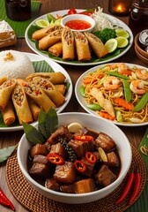 Delicious filipino dishes featuring adobo pork lumpia and pancit served on a wooden table top