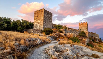 Ancient stone towers at sunset