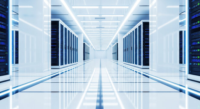 A futuristic, sleek, white corridor with blue lights and server racks on both sides.