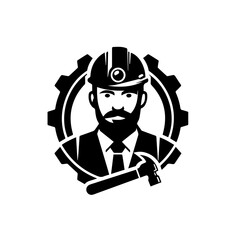Engineer with hardhat, beard, and suit, holding a hammer, set against a gear backdrop.