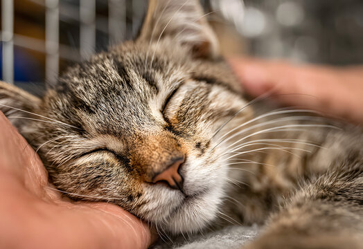 A gentle hand caresses a shelter cat enjoying affection at the animal rescue facility - Powered by Adobe