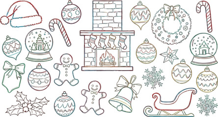 Vector art of christmas elements collection including fireplace, wreath, ornaments, and santa hat