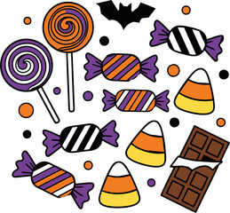 Halloween Candy Icons – Vector Set of Sweets, Lollipops, Candy Corn, Bat, and Chocolate