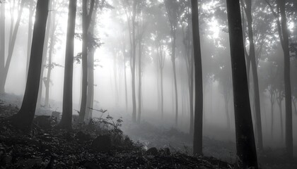 Mysterious dark forest path shrouded in ethereal mist, creating a hauntingly beautiful and atmospheric woodland scene.