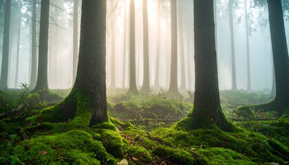 Mystical forest scene with sunbeams piercing through fog, illuminating vibrant mossy ground and ancient trees creating an enchanted atmosphere.