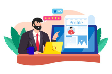 Professional Man Reviewing Online Profile with Star Ratings on Transparent Background in Flat Style with Laptop Desk and Green Leaves