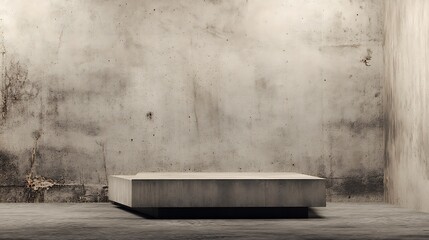 Industrial textured wall with raw concrete podium at bottom center, minimal architecture platform, 70% blank surface for abstract product display, modern clean layout design