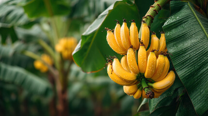 Vibrant tropical banana bunch on lush green plant showcasing fresh, ripe, organic fruit perfect for healthy eating, nutrition, and natural dietary choices