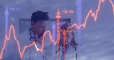 Animated line graphs pulsing and revealing doctors pointing at clipboard and reviewing patient data - Powered by Adobe
