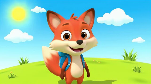 Happy cartoon fox with backpack on a sunny green hill. Friendly animal character illustration.