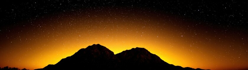 Naklejka premium Stunning silhouette of mountain peaks at dawn with vibrant orange and yellow sunrise glow and a starry night sky background