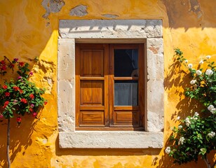 Sunny Hues of an Aged Mediterranean Building with Floral Accents