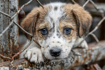 Sad puppy in shelter behind fence waiting to be rescued and adopted to new home. Shelter for animals concept