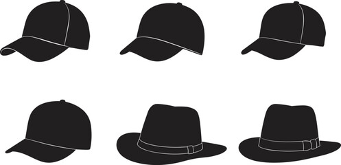 Hat silhouette collection, black fashion icons, baseball caps, fedora styles, isolated on white background, vector illustration, headwear accessory set