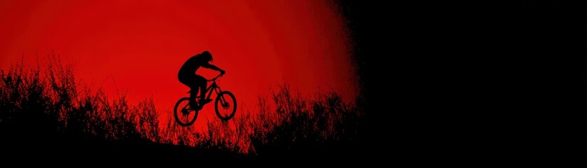 Obraz premium Silhouette of a person riding a mountain bike at sunset with a red sky and natural landscape background, outdoor cycling adventure scene