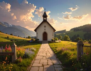 Serene Mountain Chapel at Golden Hour